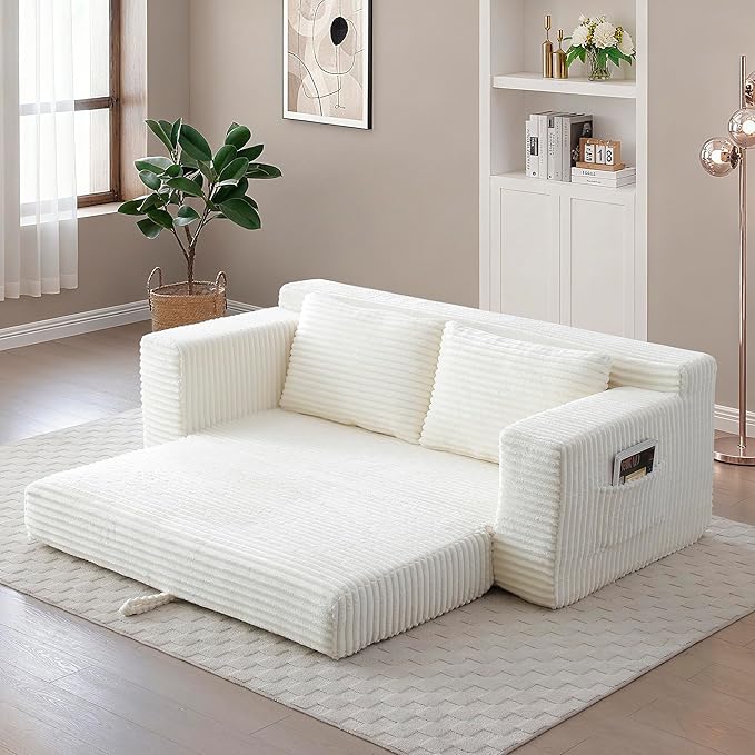 73" Convertible Sofa Bed, 2 in 1 Corduroy Folding Couch with Pillows, No Assembly Boneless Compression Sofa in Box, Loveseat with Side Storage Pocket for Apartment, Living Room, Beige