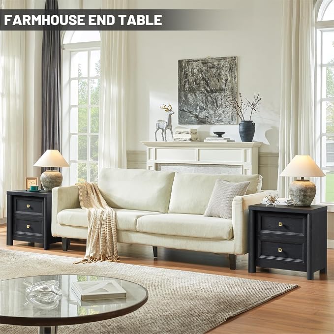 Black Nightstand Set of 2, Farmhouse Night Stand Set 2, Black and Gold Nightstand with 2 Drawers, Wood Bed Side Table for Bedroom, 23.3” Tall Nightstand with Gold Knob, Wooden End Table Sofa Couch - Image 9