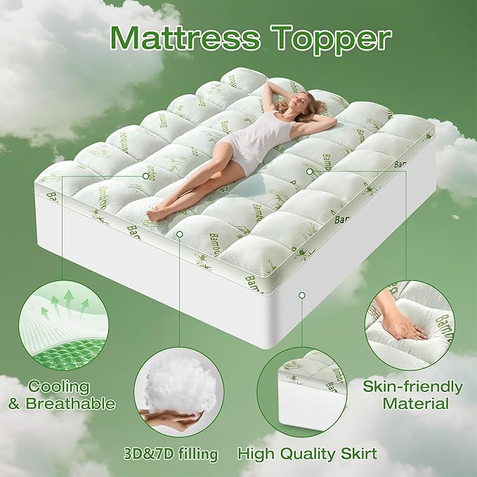 Mattress Topper Twin XL Size Viscose Derived from Bamboo, Thick Soft Pillow Top Mattress Pad Cover for Back Pain, Mattress Protector with 8-21 Inch Deep Pocket, White