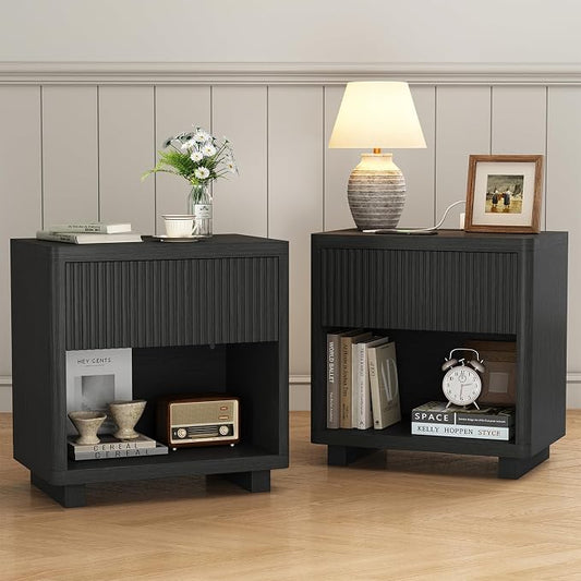 24" Wide Night Stands for Bedrooms Set of 2 with Charging Station, Wood Fluted Nightstand Set of 2 with Drawer and Outlet, 2pcs Bedside Table for Bedroom by Seeday