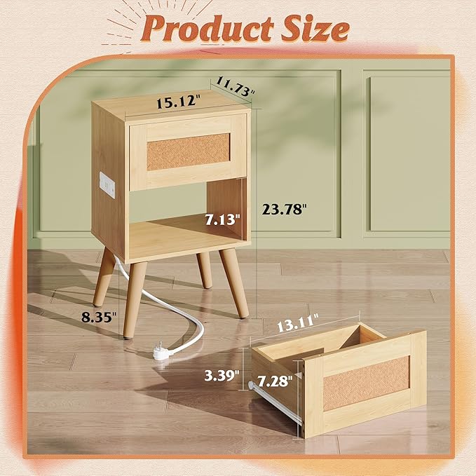 WLIVE Rattan Nightstands Set of 2 with Charging Station, Boho Nightstand, Wood Side Table, Small End Table with Drawers for Bedroom, Natural Oak - Image 3