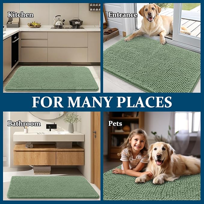 OLANLY Dog Door Mat for Muddy Paws 47x20, Absorbs Moisture and Dirt, Absorbent Non-Slip Washable Doormat, Quick Dry Chenille Mud Mat, Entry Indoor Entryway Carpet for Inside Floor, Olive Green - Image 8