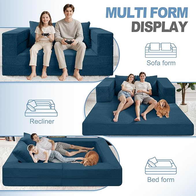 Futon Sofa Bed with Pillow, 3-in-1 Sleeper Sofa Bed with Removable Cover, Convertible Floor Sofa Bed, No Assembly Boneless Couch for Living Room, Bedroom
