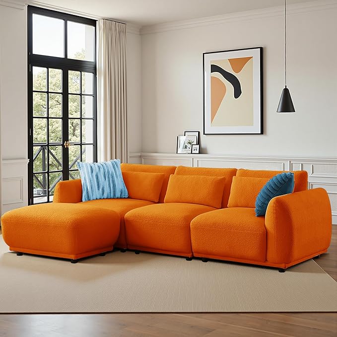Sectional Sofa Couch, Modern U Shaped Sectional Couch with Ottoman, Modular Sectional Sofa Cloud Couches for Living Room (Orange, 3 Set + 1 Ottoman)
