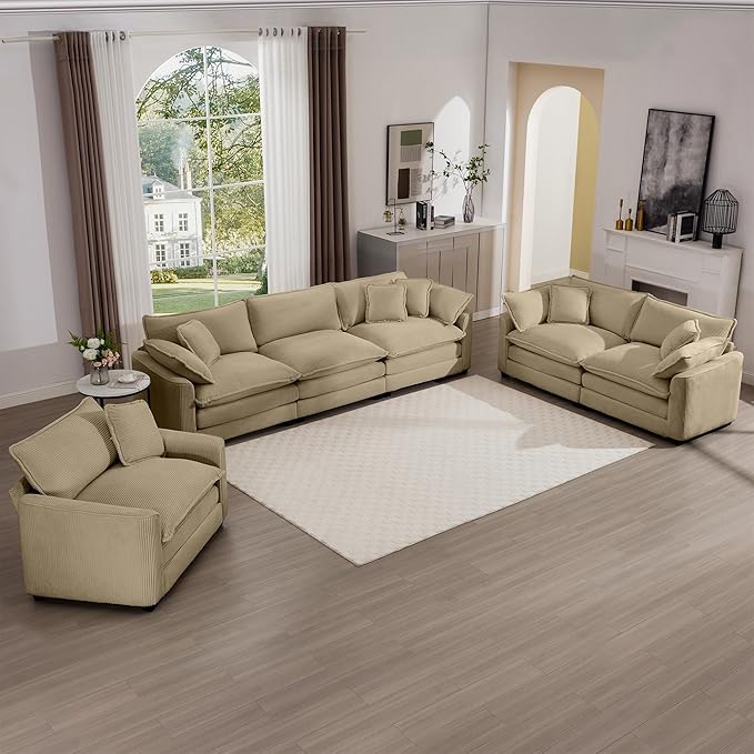 KEIKI 3-Piece Sofa Set with 1 Oversized Corduroy 3-Seater Sofa & 1 Loveseat & 1 Single Sofa, Upholstered 6-Seater Couch Set with 10 Pillow, High-Density Foam Cushions, for Living Room, Tan
