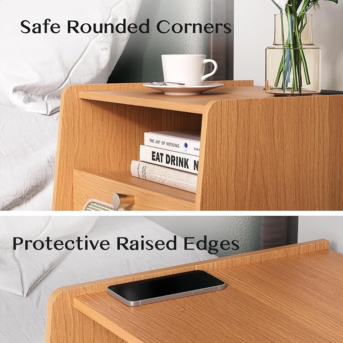 JOINICE Night Stand Set 2, Mid Century Modern Nightstands Drawer, Rattan Bedside Table with Charging Station, Boho End Table with Storage, Wood Bed Side Tables for Bedroom, Small Space, Cherry - Image 6