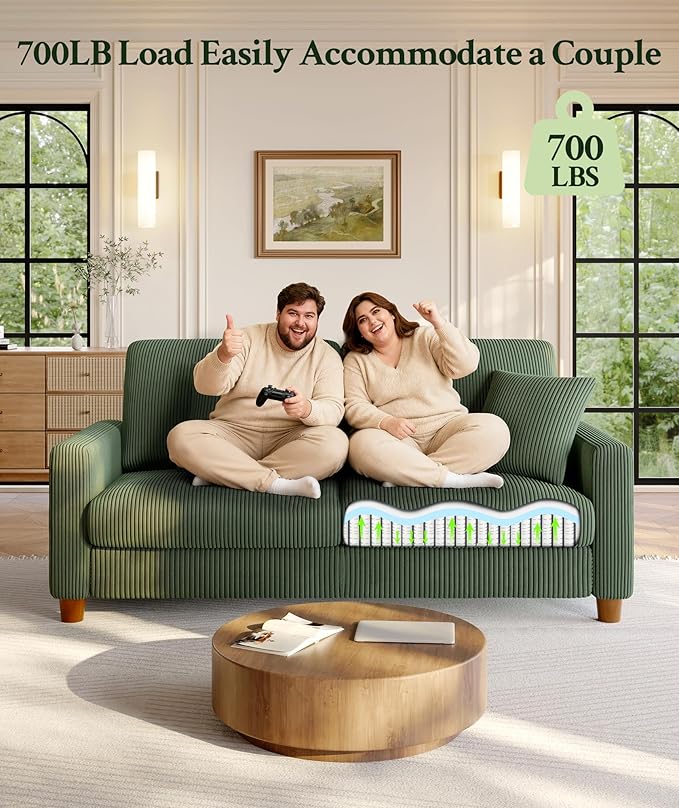 70.2" Couches for living room, Comfy U Shaped Couch Green 7.1" Thicker Cushion, Sofas for Living Room Tool-Free Setup, Loveseat with Ottoman 7058lbs Support, Corduroy Couch for Bedroom, Office