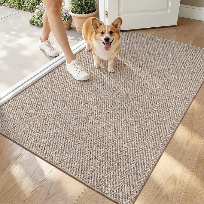 LUMI Ultra Thin Indoor Door Mat for Entrance 32"x48", Non Slip Entryway Mat, Low Profile Doormat, Unique Herringbone Design Carpet for Inside, Patio, Porch, Dark Beige by LUMI