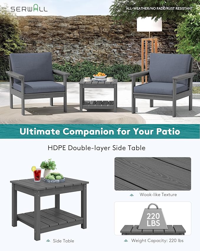 SERWALL HDPE Patio Sofa Set, 3-piece Sectional Outdoor Furniture Set, All Weather Outdoor Couch Set Patio Furniture Set for Deck, Lawn, Grey Frame with Grey Cushion