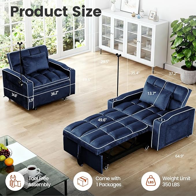 Sleeper Chair, Convertible Pull Out Chair Sleeper with Bracket and Cup Holder, Chairs Bed Sleepers for Adults, 3 in 1 Sofa Bed Chairs for Small Spaces, Living Room, Blue