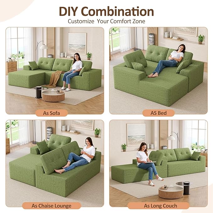 Ball & Cast Modular Cloud Sofa for Living Room,106'' Chenille Deep Seat Sectional Couch with Wider Armrest and Pillow,Modern Convertible Comfy Sofa Couches,No Assembly Required,Left Facing(Green)