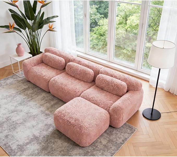 114.7" L-Shaped Boneless Modular Sofa, Plush Foam Lounge Couch, 32D High Density Sponge, Plush Convertible Sofa Set Deep Seat Couches for Living Room, Bedroom and Apartment, Pink
