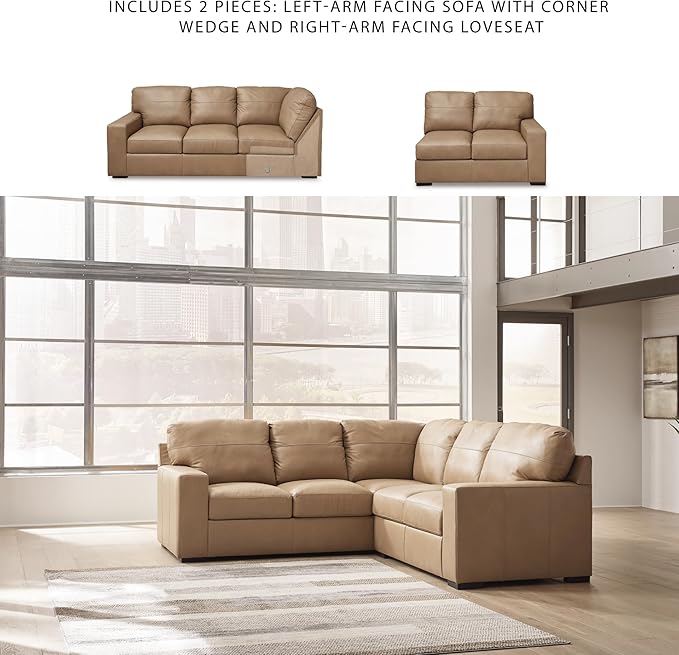 Signature Design by Ashley Bandon Modern Leather Match Left-Arm Facing 2-Piece Sectional with Removable Cushions and Armrest, Light Brown