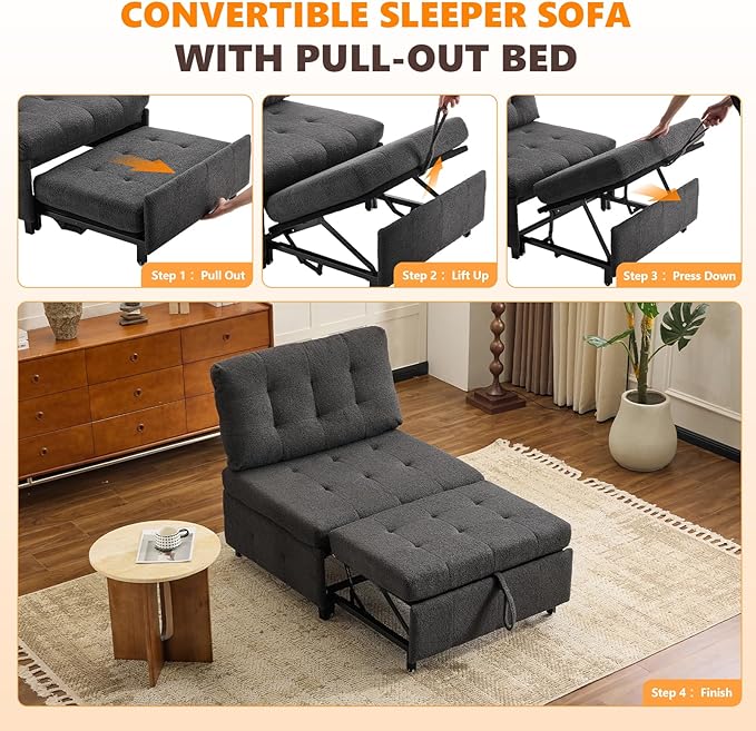 VINGLI Convertible Sofa Bed Tufted Teddy Fleece Sleeper Chair Bed Couch Armless Living Room Chairs with Adjustable Backrest Pull Out Couch Bed for Small Spaces | Armless Sofa Bed