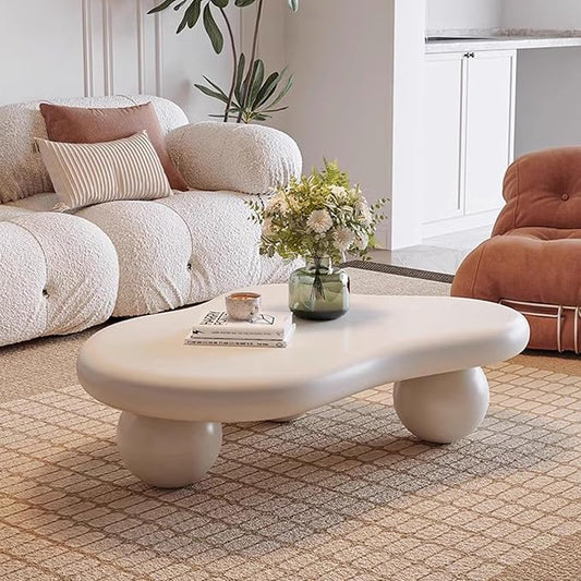 Modern Wooden Coffee Table Cloud Coffee Table Cute Central Living Room Low Table Irregular Indoor End Table White Coffee Tables with 3 Ball Legs for Living Room Bedroom (White Round Leg B 39.4 inch)