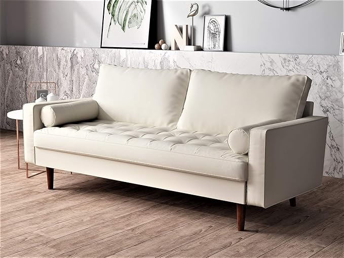 Womble Mid Century Modern Couch with Bolster Pillows, PU Leather Upholstered Tufted Seat, Versatile Retro Design for Comfortable Living Spaces, Loveseat, Sofa, Sleek White