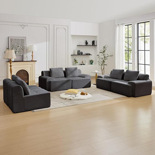 Modular Sectional Sofa with Movable Ottoman, 6 Seat Deep Seat Couch with 6 Pillows, Comfy Cloud Sectional Sofa for Living Room, Bedroom and Apartment (Grey, 2 Left+2 Right+2 Middle)