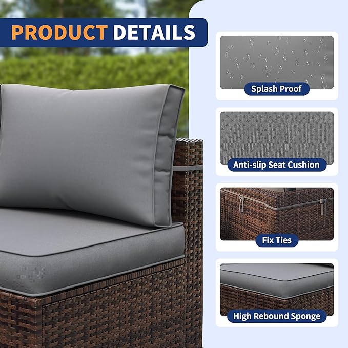 Patio Furniture Set, 7 Pieces Outdoor Sectional Sofa, PE Wicker Backyard Conversation Set with Waterproof Cover & Coffee Table, Modular Outdoor Couch for Garden, Poolside (Brown/Grey Cushions)