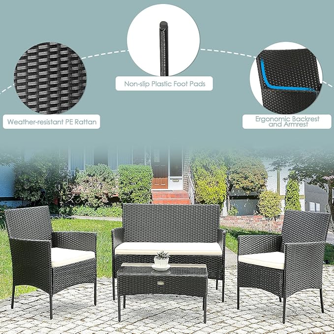 4 Pieces Patio Furniture Set, Outdoor Conversation Set with Ergonomic Curved Backrest, Patio Chair Set with Water-Resistant Cushion & Tempered Glass Table for Balcony, Porch, Pool (Beige)