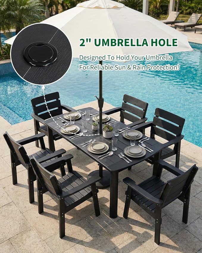 Outdoor Rectangle Dining Table with Rounded Edge, 67" All-Weather HIPS Patio Table for 6, Outdoor Furniture with Umbrella Hole, Ideal for Garden, Poolside, Backyard, Deck, Black - Image 3