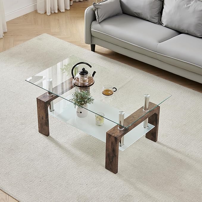 Living Room Rectangle Coffee Table, Tea Table Suitable for Waiting Room, Modern Side Coffee Table with Wooden Leg, Glass Tabletop with Lower Shelf.(brown)