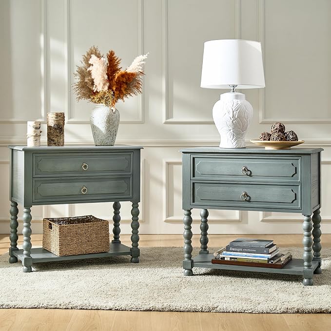HULALA HOME Farmhouse Storage End Table Set of 2 with 2 Drawers and Open Shelf, Solid Wood Side Table with Spindle Legs, End Table with Charging Station (Blue) by HULALAHOME