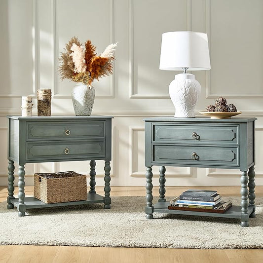 HULALA HOME Farmhouse Storage End Table Set of 2 with 2 Drawers and Open Shelf, Solid Wood Side Table with Spindle Legs, End Table with Charging Station (Blue) by HULALAHOME