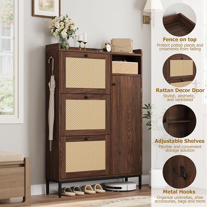GarveeHome Shoe Cabinet Rattan with 3 Flip Drawers and 4-Tier Shoe Storage Cabinet, Freestanding Shoe Organizer with Adjustable Shelves for Entryway, Closet, Hallway - Image 3