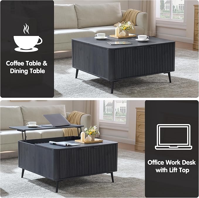 Lift Top Coffee Table with Storage, 35.4" Wide Square Black Coffee Table with Large Hidden Compartment, Mid Century Modern Fluted Center Table for Home Living Room, Balck Grey