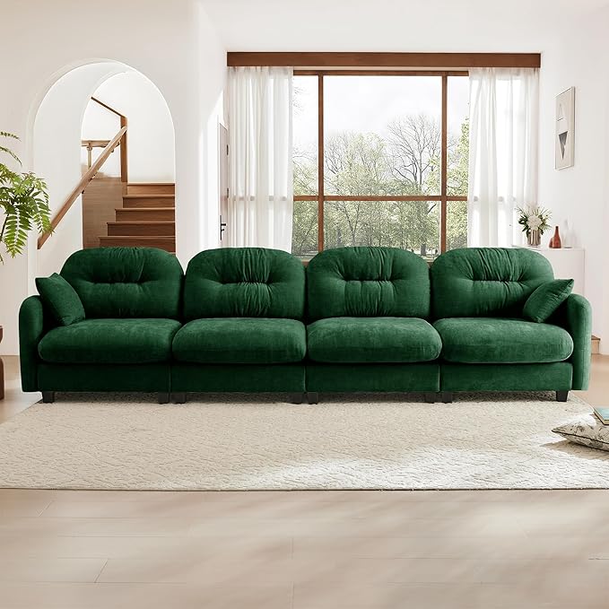 KEIKI 140" Oversized Chenille Modular Sectional Sofa with High-Density Foam Cushion and Tufted Pleated Cushion Backrest, Upholstered Modern 4-Seater Cloud Couch with 2 Pillow, for Living Room, Green