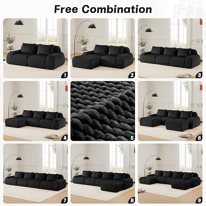 146" L-Shaped Compressed Sectional Cloud Sofa, Flannel Upholstered Modular Deep Seat Sofa with 5 Pieces, Modern Floor Boneless Foam Modular Cloud Couches for Living Room