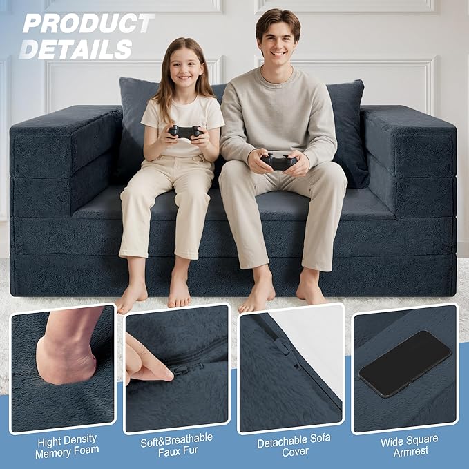 Futon Sofa Bed with Pillow, 3-in-1 Sleeper Sofa Bed with Removable Cover, Convertible Floor Sofa Bed, No Assembly Boneless Couch for Living Room, Bedroom