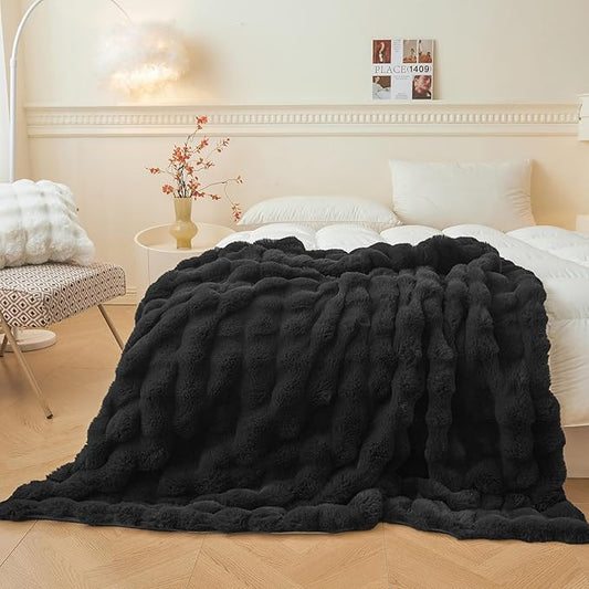 LIFEREVO Luxury Fluffy Faux Rabbit Fur Blanket, Plush Fuzzy Bubble Throw for Couch Sofa, Cozy Comfy Furry Bed Blanket Home Decoration, Aesthetic Shaggy Throw for Bedroom Living Room, 60x90, Black