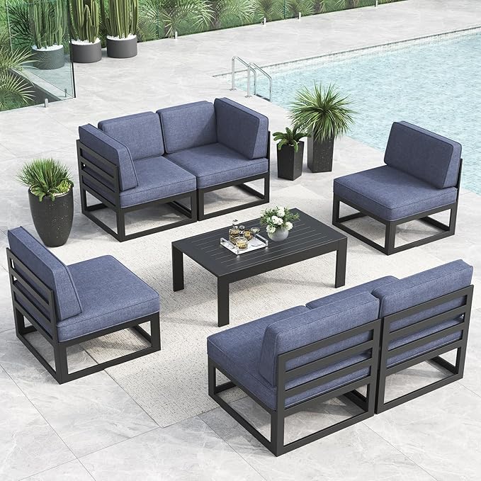 LayinSun Large Aluminum Patio Furniture Set, 7 Pieces Modern Outdoor Conversation Set Sectional Metal Sofa Set with Olefin Cushion