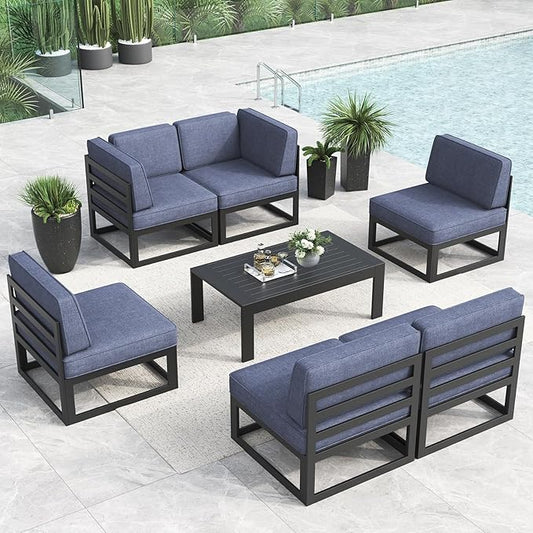 LayinSun Large Aluminum Patio Furniture Set, 7 Pieces Modern Outdoor Conversation Set Sectional Metal Sofa Set with Olefin Cushion