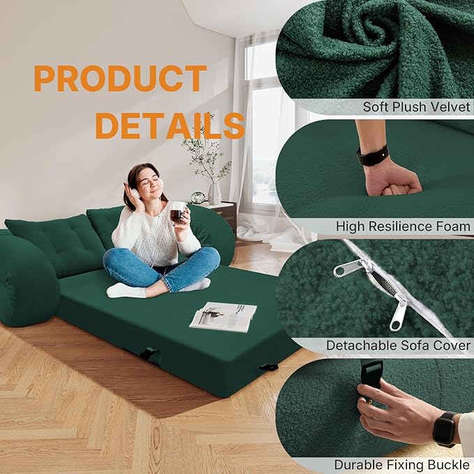 Rovibek 94" x 78" Oversized Floor Sofa with 4 Pillows, 3-in-1 Convertible Sleeper Sofa Bed, Compressed Couch in a Box for Living Room, Apartment, and Guest Roomg, Green