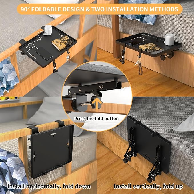 Bedside Shelf, Bedside Shelf for Dorm Bunk Bed, Clip On Nightstand Foldable, College Dorm Room Essential Bedside Tray with Magnetic Mat and Cable Management for Dormitory Black - Image 4