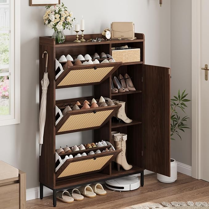 GarveeHome Shoe Cabinet Rattan with 3 Flip Drawers and 4-Tier Shoe Storage Cabinet, Freestanding Shoe Organizer with Adjustable Shelves for Entryway, Closet, Hallway by GarveeHome