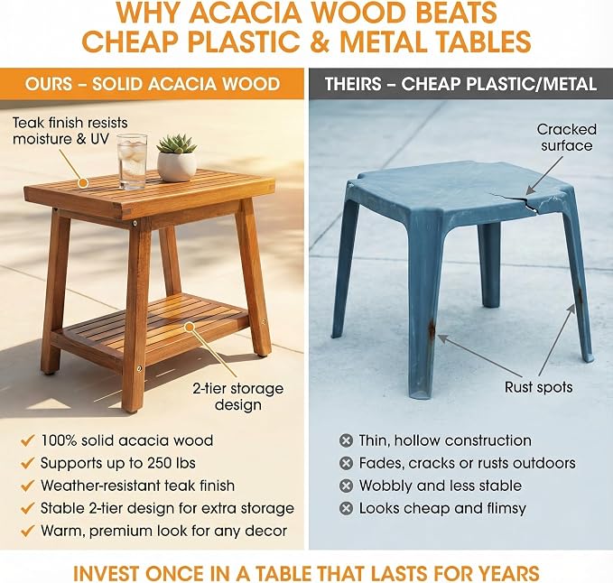 ENKEZI Small Acacia 16 Inches Outdoor Side Table, 2-Tier Sturdy Patio, End Table Weather Resistant, Strong Stability Side Table for Patio, Pool, Porch, Teak Finish (Small) - Image 6
