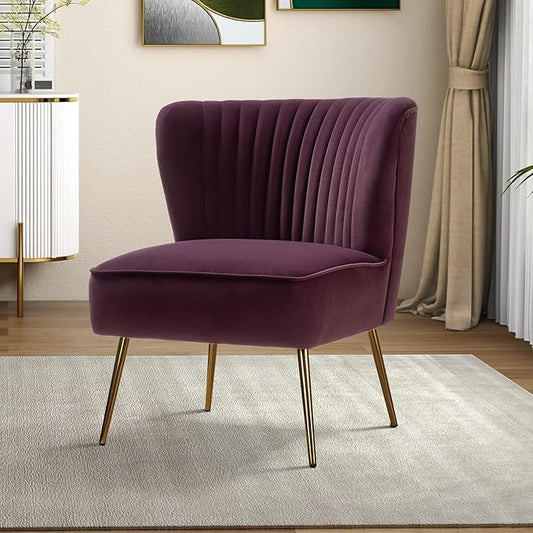 HULALA HOME Velvet Accent Chair, Modern Upholstered Cute Side Chair with Gold Metal Legs, Armless Wingback Slipper Chair Comfy Living Room Chair for Bedroom Guest Room Vanity, Purple