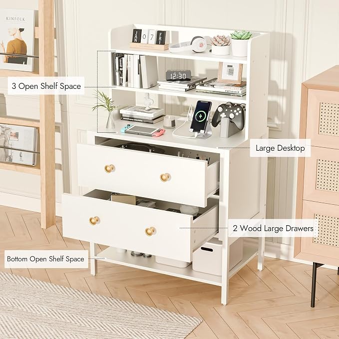 24 Inch Wide Night Stand, Large Wooden Night Stand with 2 Adjustable Drawes, Tall Nightstand with 4-Tier Shelves and Charging Station, Bedside Table for Living Room/Bedroom/Office, White. - Image 5
