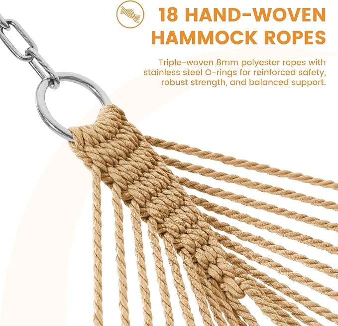 Lazy Daze Hammocks 10.5 FT Double 2 Person Caribbean Rope Hammock, Hand Woven Polyester Hammock with Spreader Bars, for Outside Outdoor Backyard Patio Poolside, 450 LBS Capacity, Tan - Image 4
