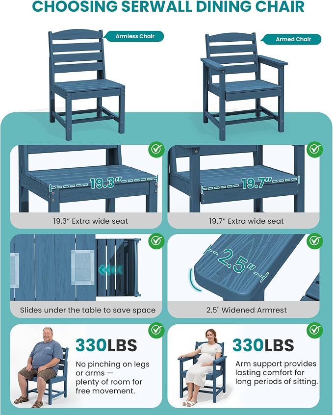 SERWALL Patio Dining Sets for 6 Person, HDPE Dining Set with 6 Armless Chairs, Blue - Image 5