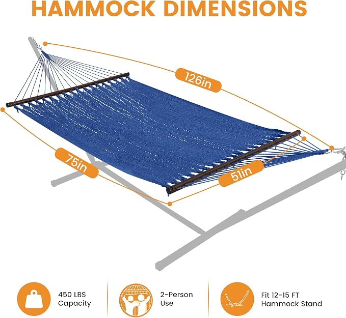 Lazy Daze Hammocks 10.5 FT Double 2 Person Caribbean Rope Hammock, Hand Woven Polyester Hammock with Spreader Bars, for Outside Outdoor Backyard Patio Poolside, 450 LBS Capacity, Blue - Image 6