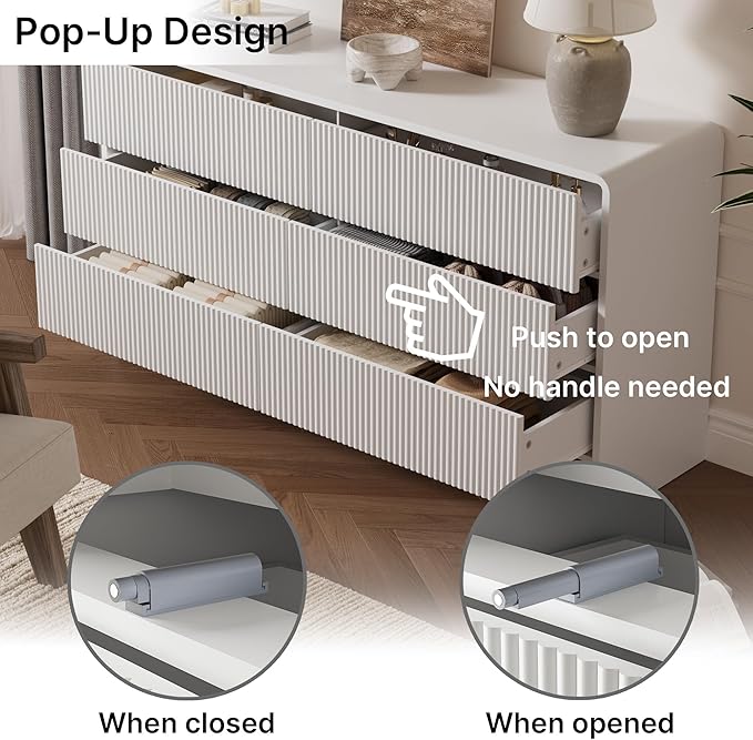 MAISONARIA 3-Piece Curved Dresser Bedroom Set, 6 Drawer Dresser & 2 Drawer Nightstands with Pop-up Design, Fluted Wood Chest of Drawers for Bedroom, Living Room, Entryway, White