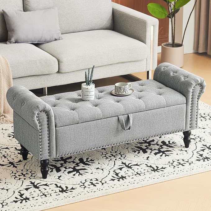 Furniliving 51” Bedroom Bench, End of Bed Bench with Button-Tufted Large Upholstered Storage Bench Ottoman Linen Window Benches with Storage Shoe Cabinet, for Bedroom, Entryway, Closet, Grey - Image 8