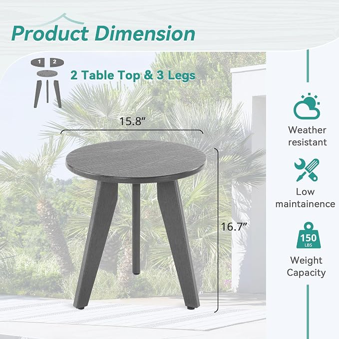 HDPS Outdoor Side Table, Small Round Side Table Weather-Resistant, Outdoor Side Tables for Patio, Porch, Deck, End Table for Plant Stand, Living Room, Bedroom, Gray - Image 3