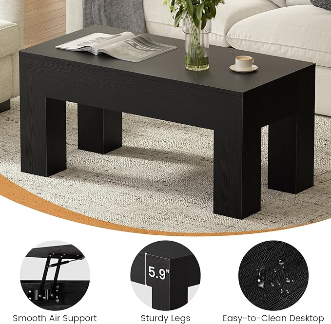 FABATO 41.7'' Lift Top Coffee Table, Wooden Rectangle Coffee Table with Hidden Storage, Large Center Table Adjustable Height Sofa Table for Living Room Office Apartment, Black