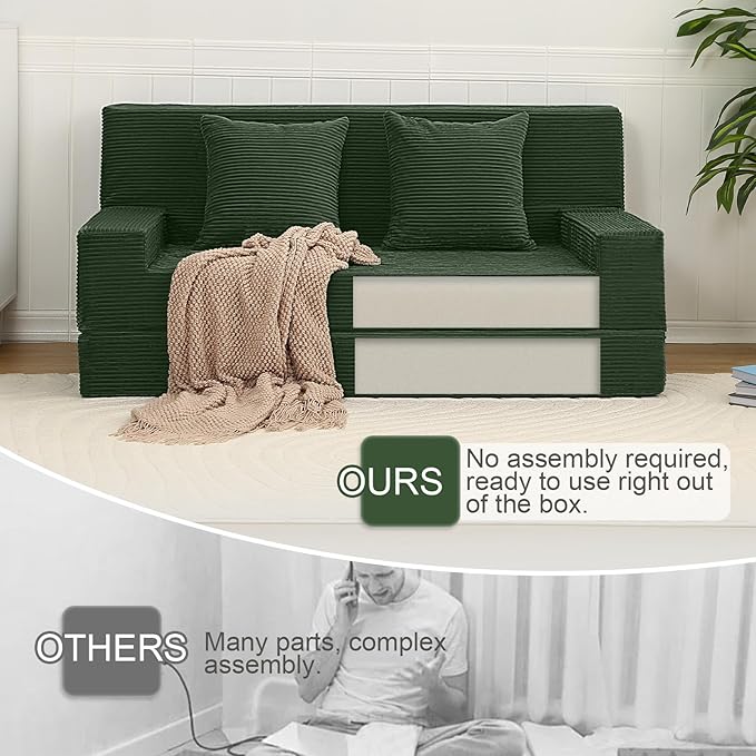 MeMoreCool Boneless Loveseat Sofa Bed – Dark Green Corduroy Convertible Futon Couch, Foldable Floor Sleeper with Foam & Pillow, Washable Cover for Bedroom, Apartment, Small Living Room