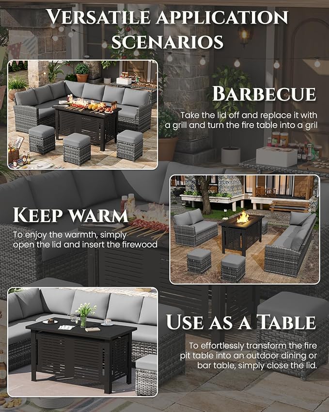 U-MAX 7 Pieces Patio Furniture Set with 43" Fire Pit Table, Outdoor Sectional Sofa Conversation Set, All Weather Wicker Rattan Dining Table & Chair with Ottoman, Grey Rattan&Grey Cushion